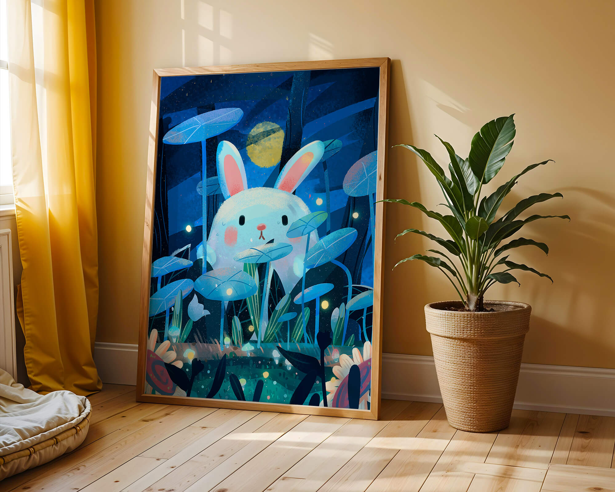 Cute rabbit in a dreamy moonlit forest