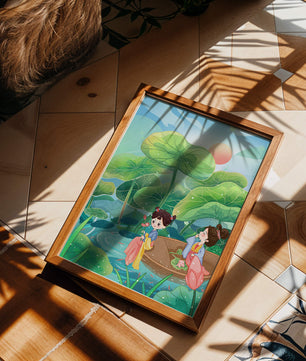 Charming illustration of children on a boat in a lush lotus pond