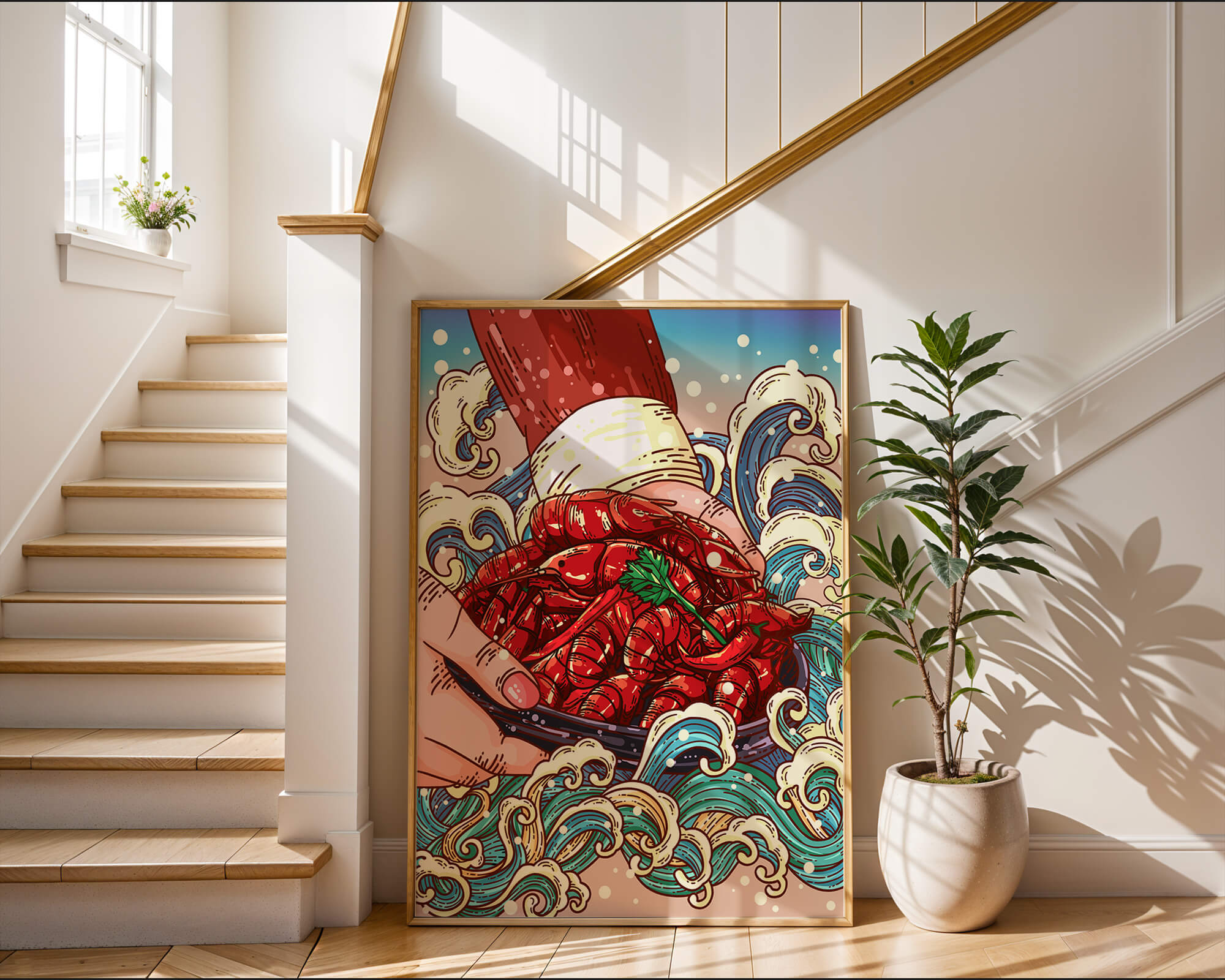 Colorful Cartoon Illustration of Hand Holding Crawfish Over Decorative Waves