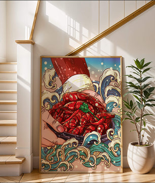 Colorful Cartoon Illustration of Hand Holding Crawfish Over Decorative Waves