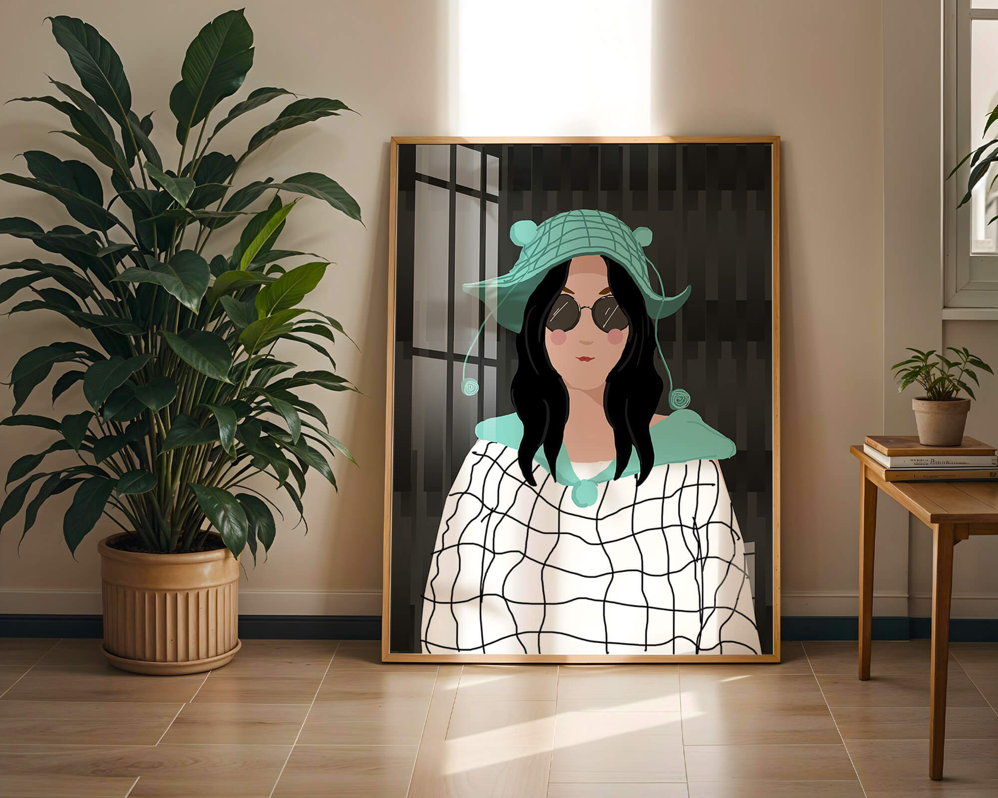 Illustration of a woman in a colorful hat and sunglasses