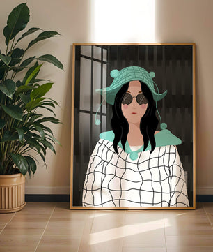Illustration of a woman in a colorful hat and sunglasses
