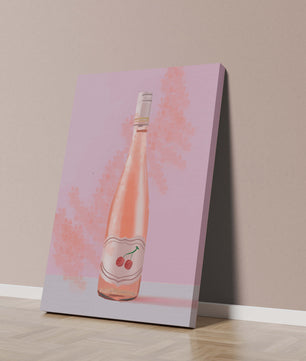 Illustrated wine bottle with a cherry label on pink background