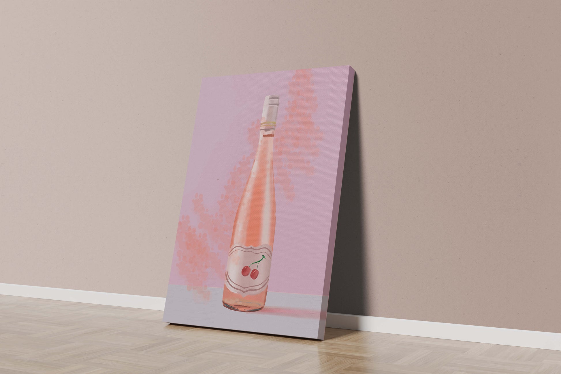 Illustrated wine bottle with a cherry label on pink background