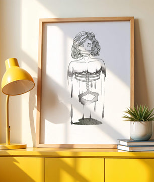 Surreal illustration of a woman with abstract ribcage and melting effect