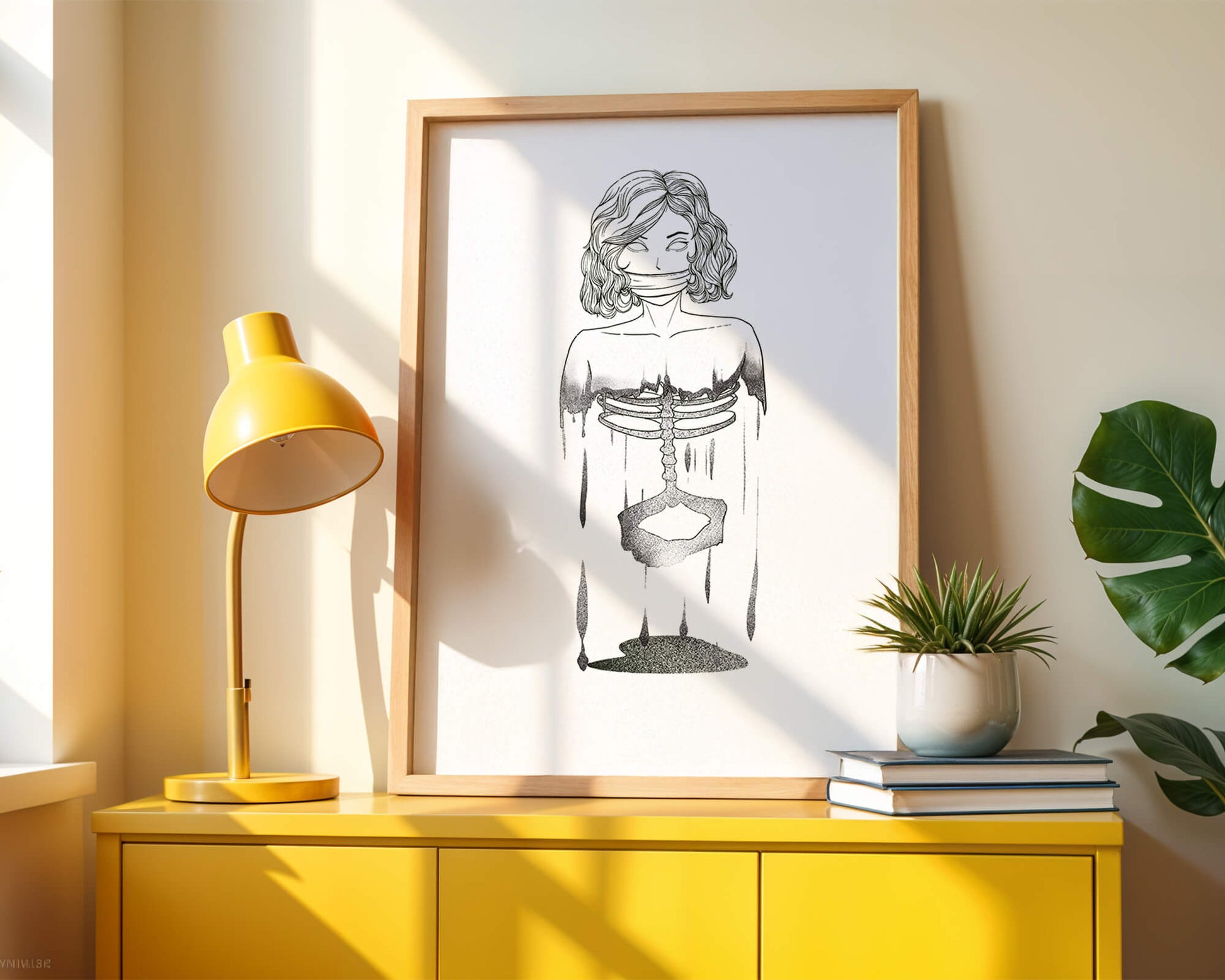 Surreal illustration of a woman with abstract ribcage and melting effect