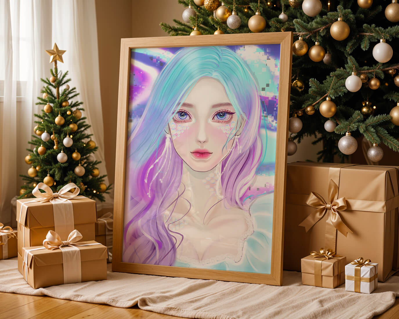 Fantasy portrait of a woman with pastel hair and vibrant features