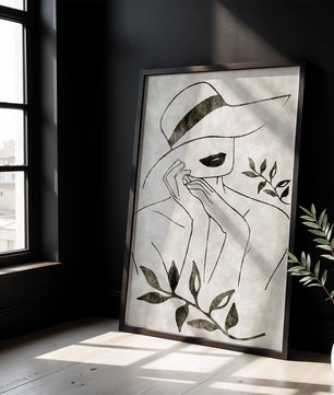 Abstract Woman in Hat with Minimalist Leaf Design