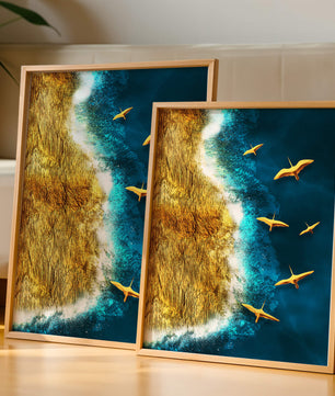 Golden beach landscape with vibrant ocean and flying seabirds