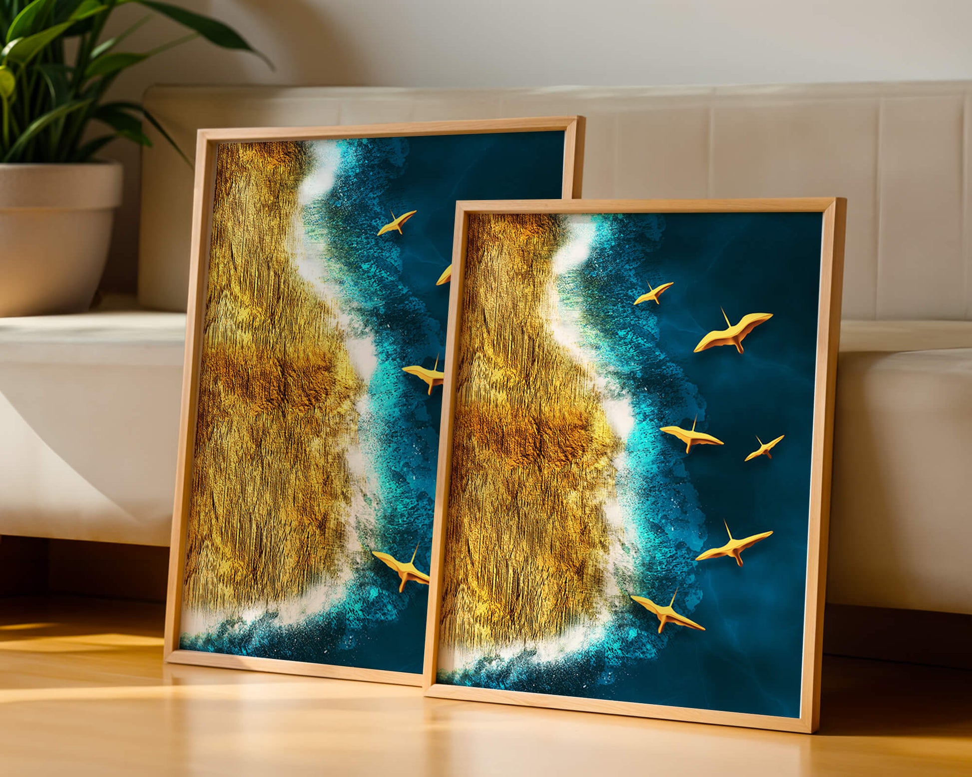 Golden beach landscape with vibrant ocean and flying seabirds