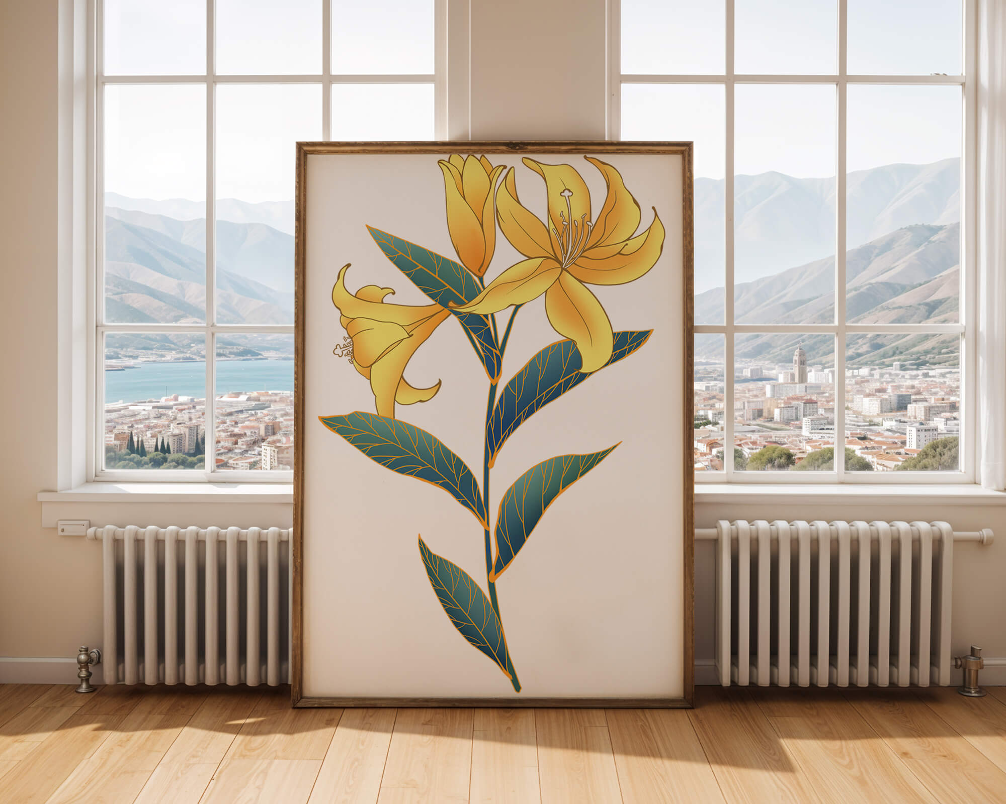Elegant golden lily illustration with intricate leaf details