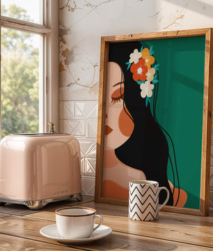 Elegante Illustration einer Frau mit floralem Haarteil