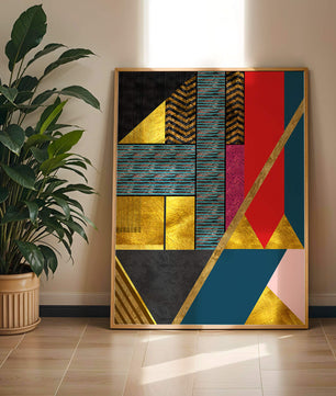 Geometric abstract art with bold colors and golden accents