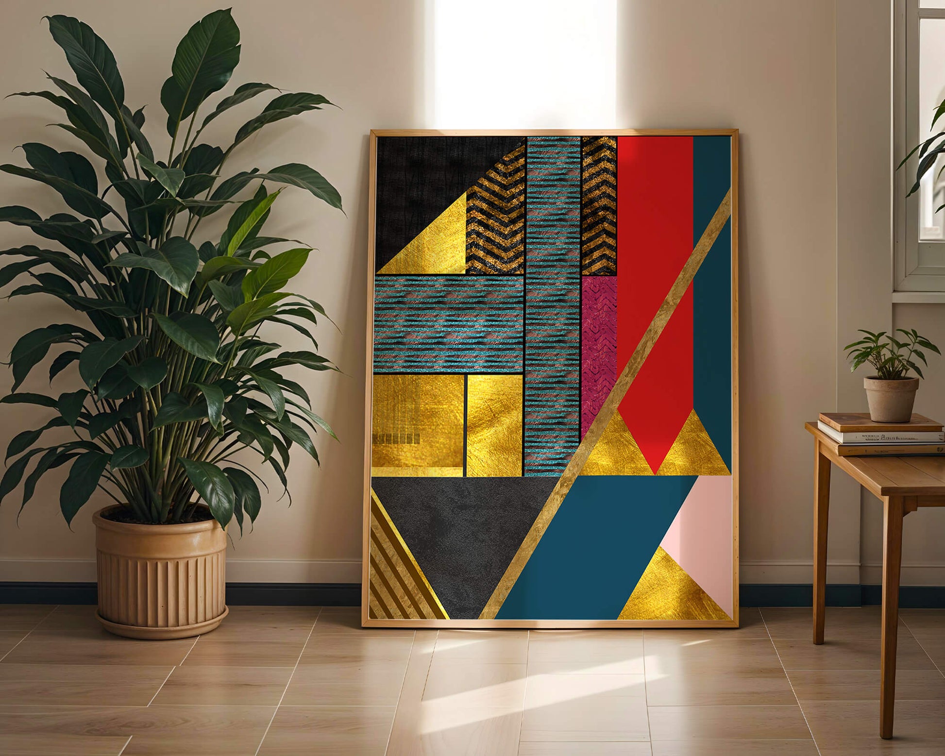 Geometric abstract art with bold colors and golden accents