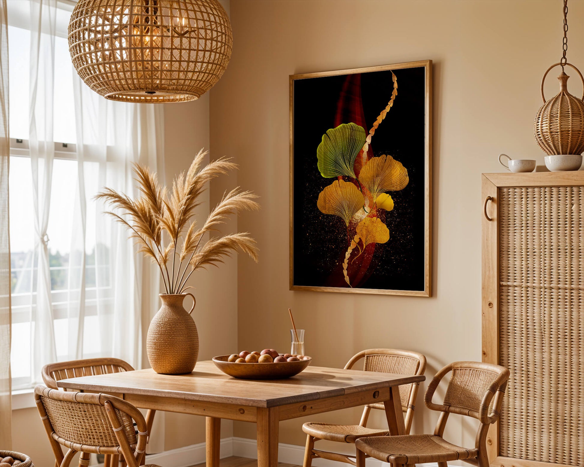 Art abstrait floral avec des feuilles de gingko dorées et un fond sombre