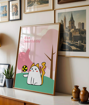 Illustration charmante de chat dans une scène de parc ludique avec des arbres et des nuages.