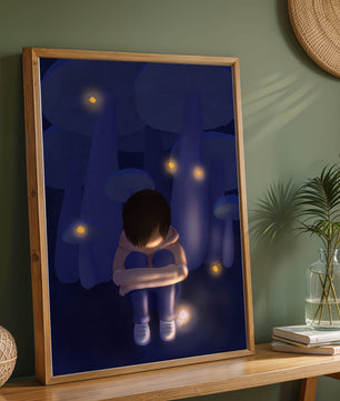 Paysage nocturne serein avec un personnage réfléchi au milieu de vers luisants et de champignons