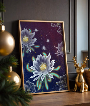 Lotus Flowers and Butterflies in a Starry Night Sky with Gold Accents - Mi tienda