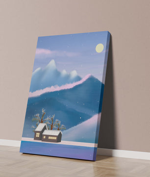 Paysage de montagne enneigée avec des maisons et des arbres sous la lumière de la lune
