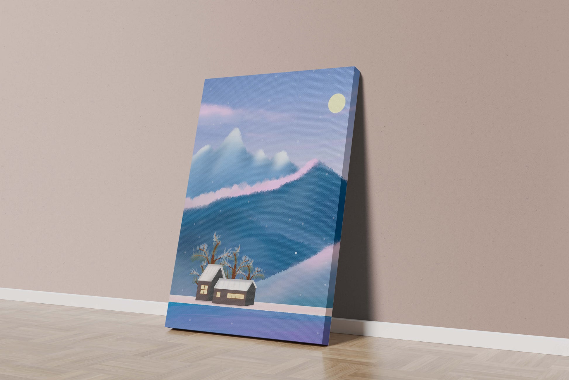 Paysage de montagne enneigée avec des maisons et des arbres sous la lumière de la lune