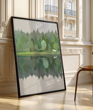 Forest landscape with a white horse and reflection in a tranquil pond
