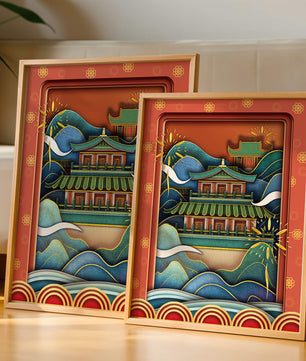 Traditionelle asiatische Architektur mit dekorativem Feuerwerk und Wellen