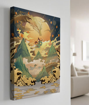 Mythical dragon and warrior painting with golden elements against a mountainous landscape