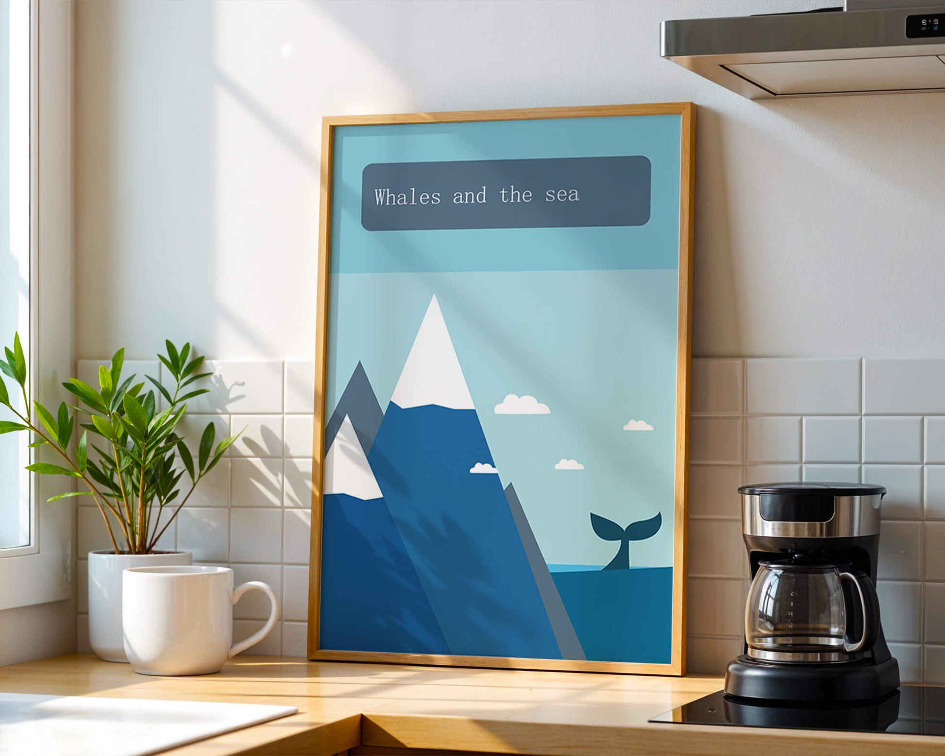 Whale and mountain illustration with sea and sky background