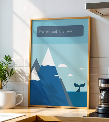 Whale and mountain illustration with sea and sky background