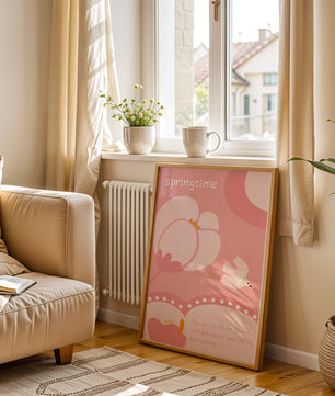 Springtime illustration with flowers and bird on pink background