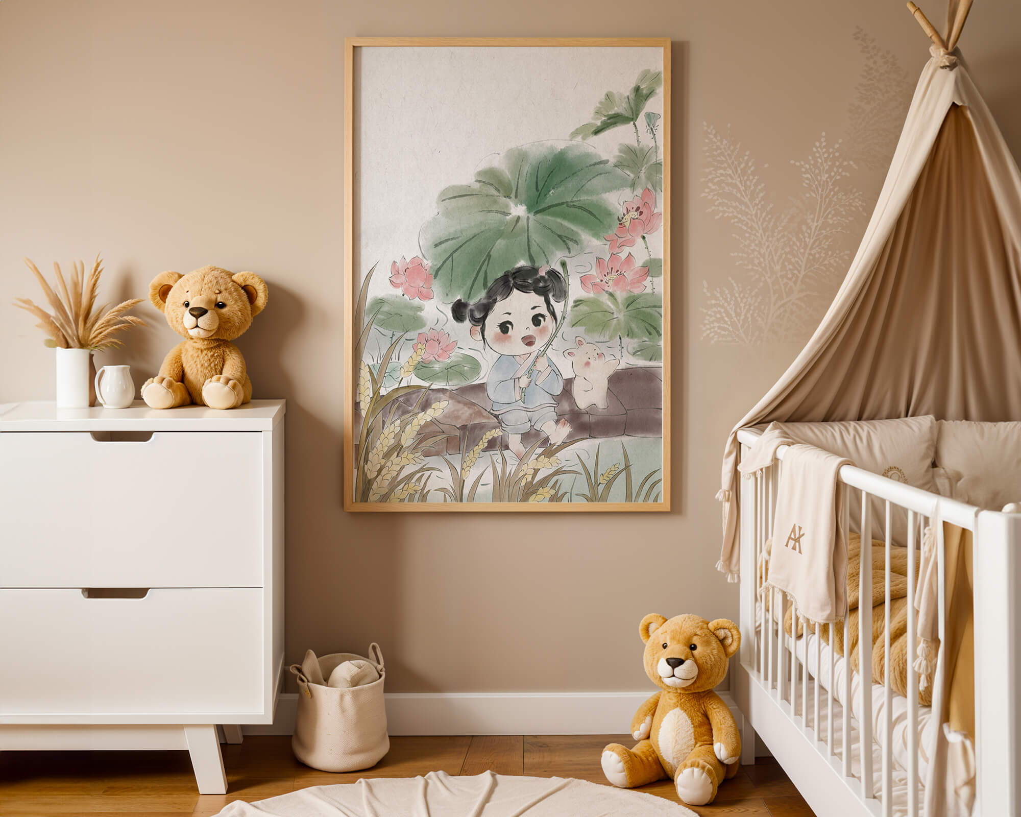 Charming illustration of a child with flowers and a bunny by the water