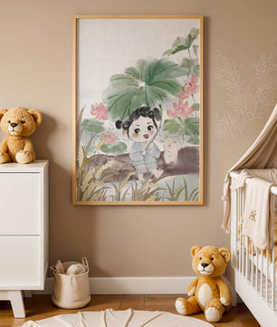 Charming illustration of a child with flowers and a bunny by the water
