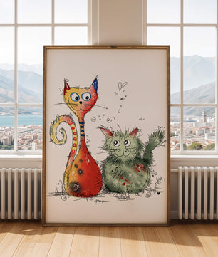 Ilustración artística colorida de dos gatos juguetones sobre fondo blanco