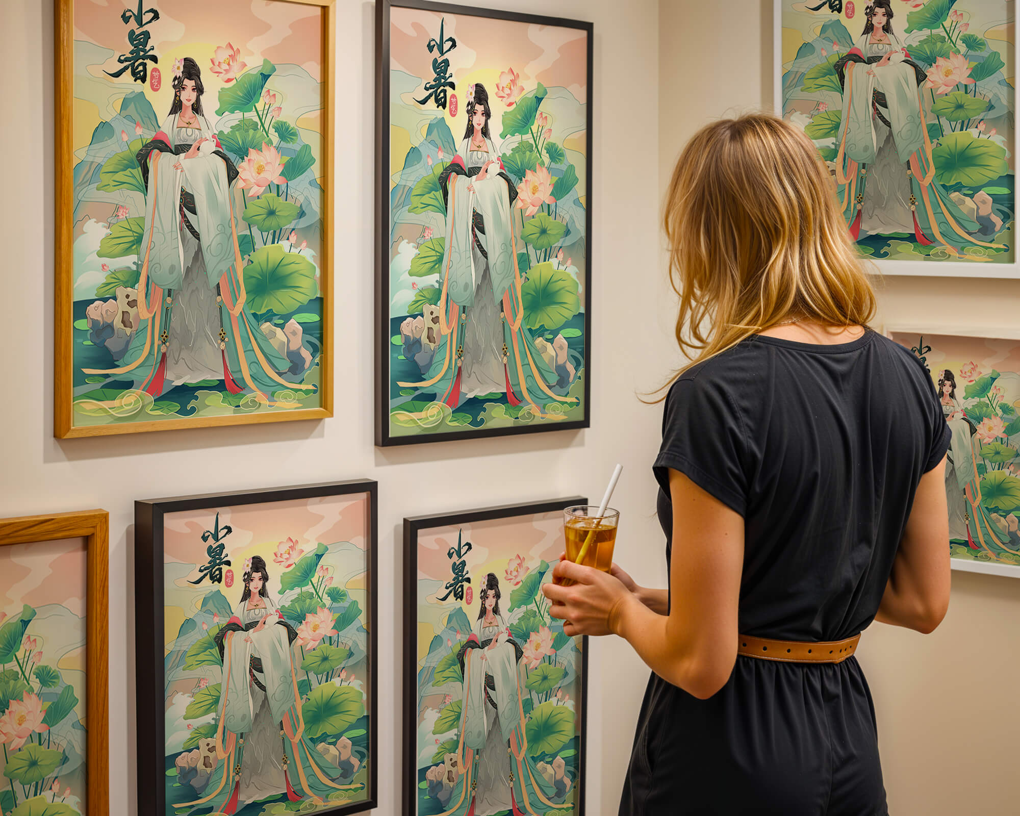 Elegant woman in traditional attire with lotus flowers and serene backdrop