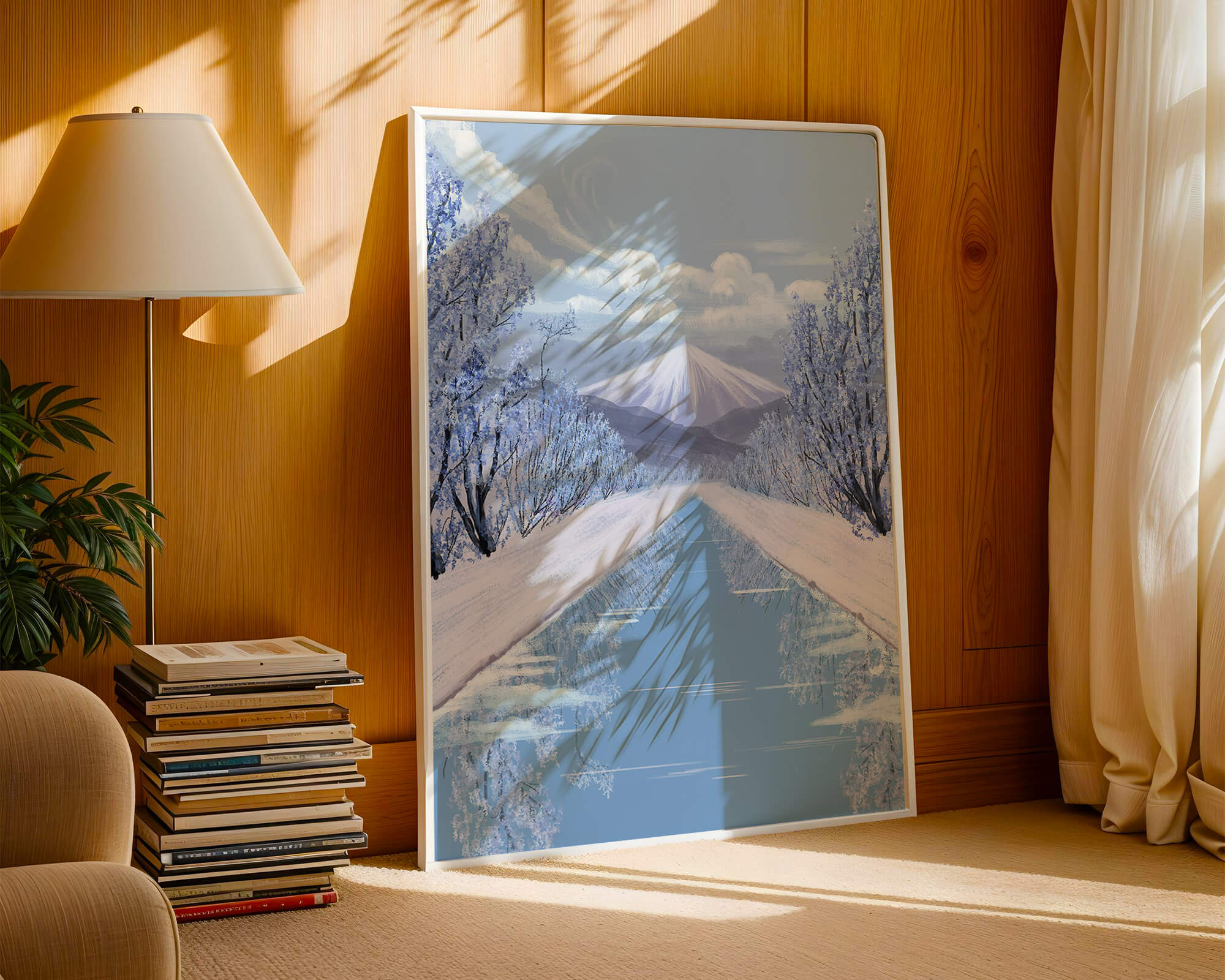 Serene winter landscape with mountain and snowy trees reflecting in water