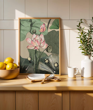 Illustrated lotus with playful cartoon bees in a serene garden