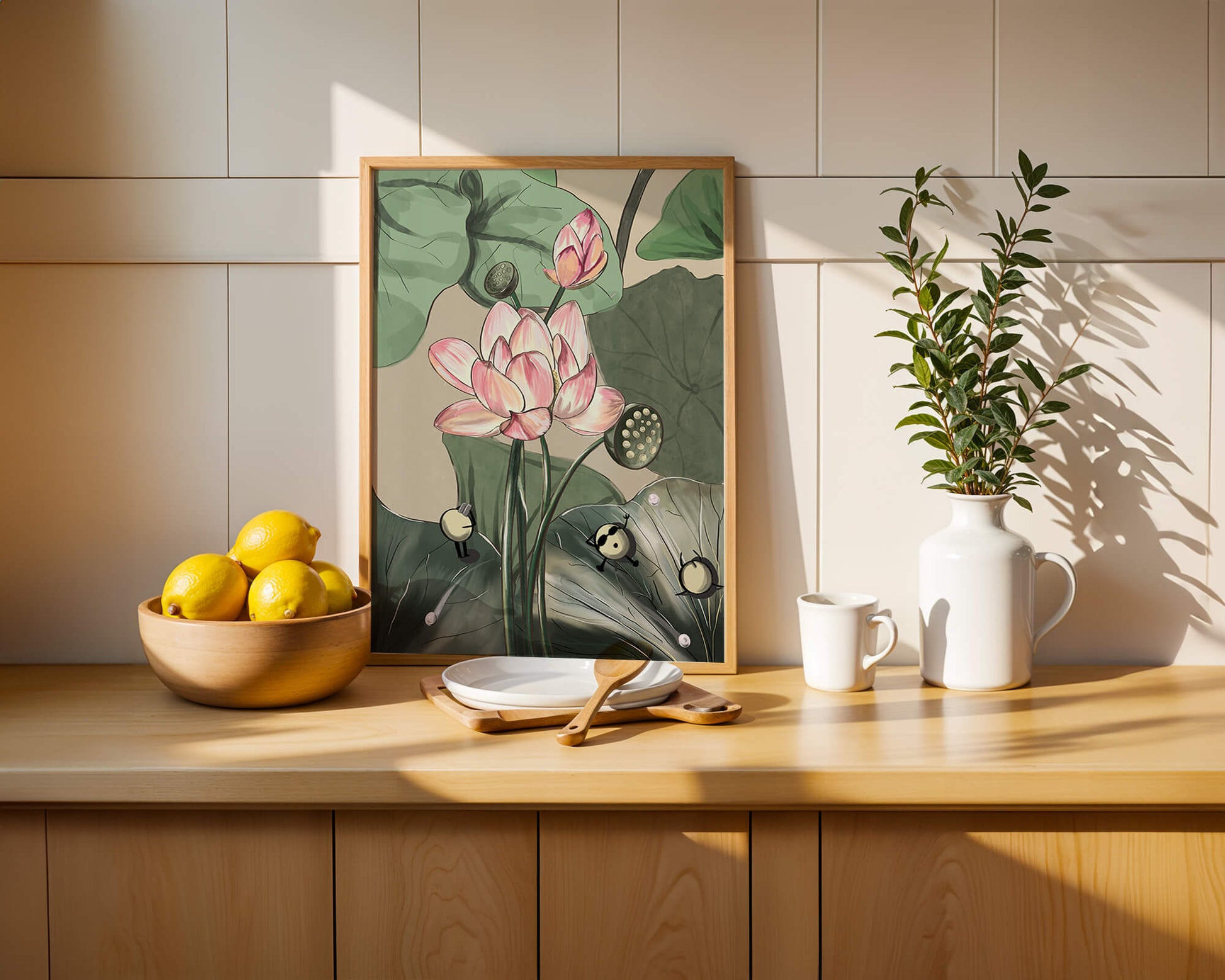 Illustrated lotus with playful cartoon bees in a serene garden
