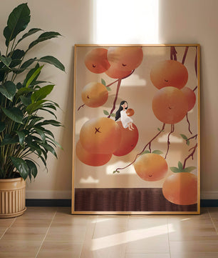 Whimsical illustration of girl with giant oranges and branches