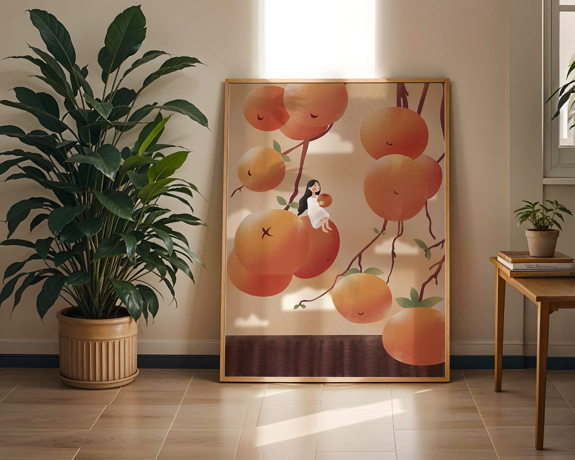 Whimsical illustration of girl with giant oranges and branches