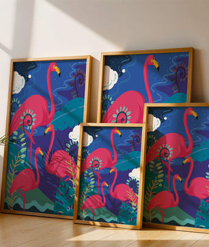 Colorful illustration of flamingos in a tropical setting