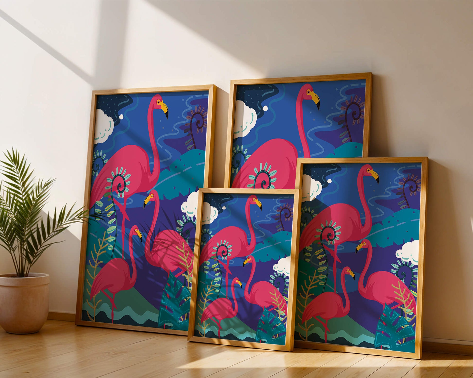 Colorful illustration of flamingos in a tropical setting
