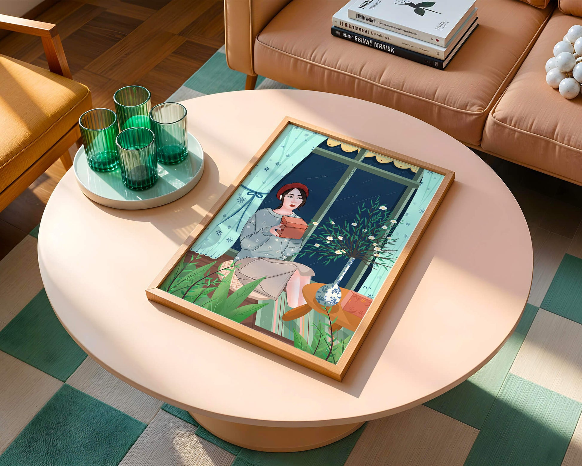 Mujer sosteniendo una caja de regalo en un interior acogedor con flores y ventana lluviosa