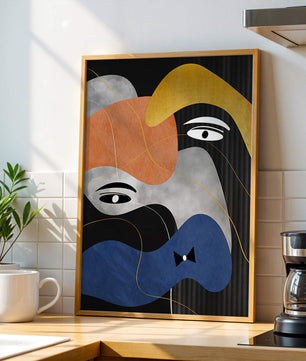Abstract geometric art with bold colors and gold accents