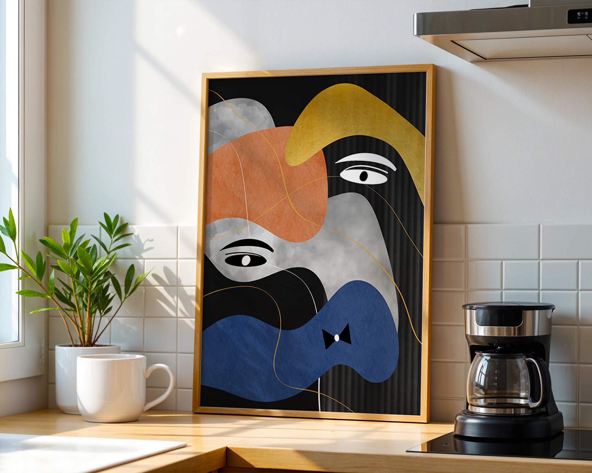 Abstract geometric art with bold colors and gold accents