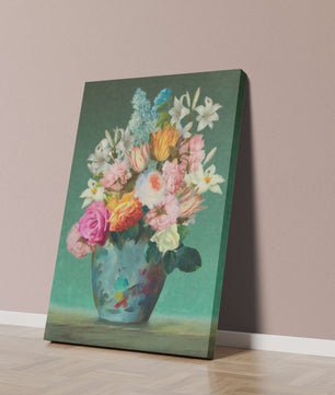 Floral arrangement in a decorative vase on a green background