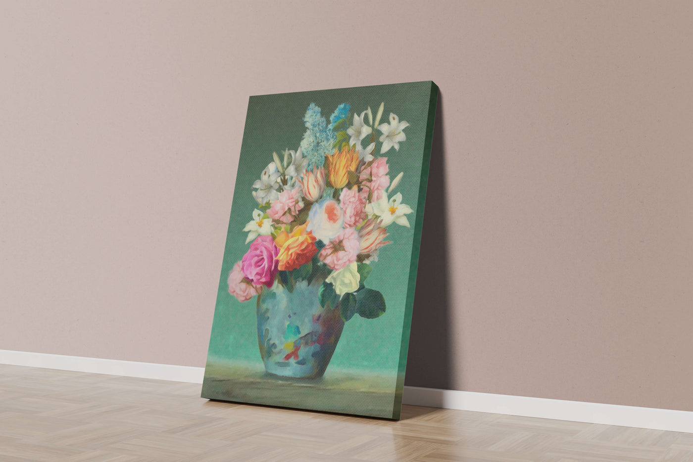 Floral arrangement in a decorative vase on a green background