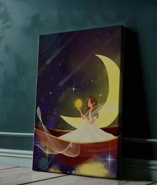 Enchanted night scene with a fairy on a crescent moon