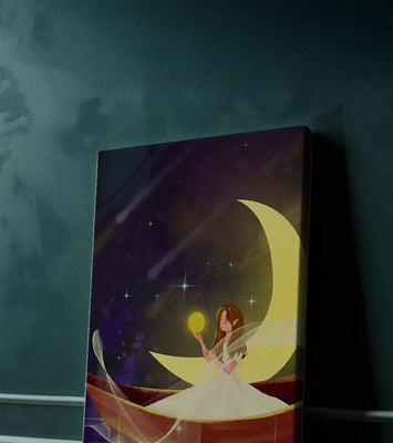 Enchanted night scene with a fairy on a crescent moon