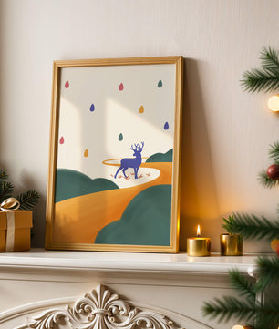 Colorful abstract deer illustration within a serene landscape