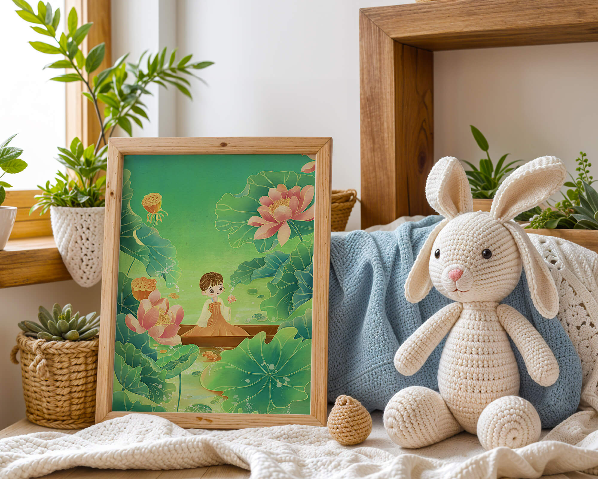 Serene illustration with girl among lotus flowers and green leaves
